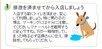 排泄を済ませてから入店しましょう…入店する前にトイレを済ませ、安心して利用しましょう。特に男の子の場合、マーキングには十分に注意してください。マナーベルトを着用すると安心ですね。万が一粗相をしてしまった時は必ず店員さんに伝え、掃除をしてもらってください。