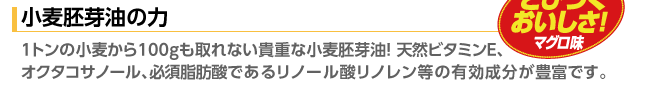 小麦胚芽油の力　1トンの小麦から100gも取れない貴重な小麦胚芽油！ 天然ビタミンE、オクタコサノール、必須脂肪酸であるリノール酸リノレン等の有効成分が豊富です。