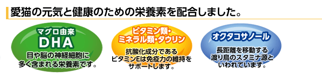 愛猫の元気と健康のための栄養素を配合しました。 「マグロ由来DHA」 「ビタミン類・ミネラル類・タウリン」　「オクタコサノール」